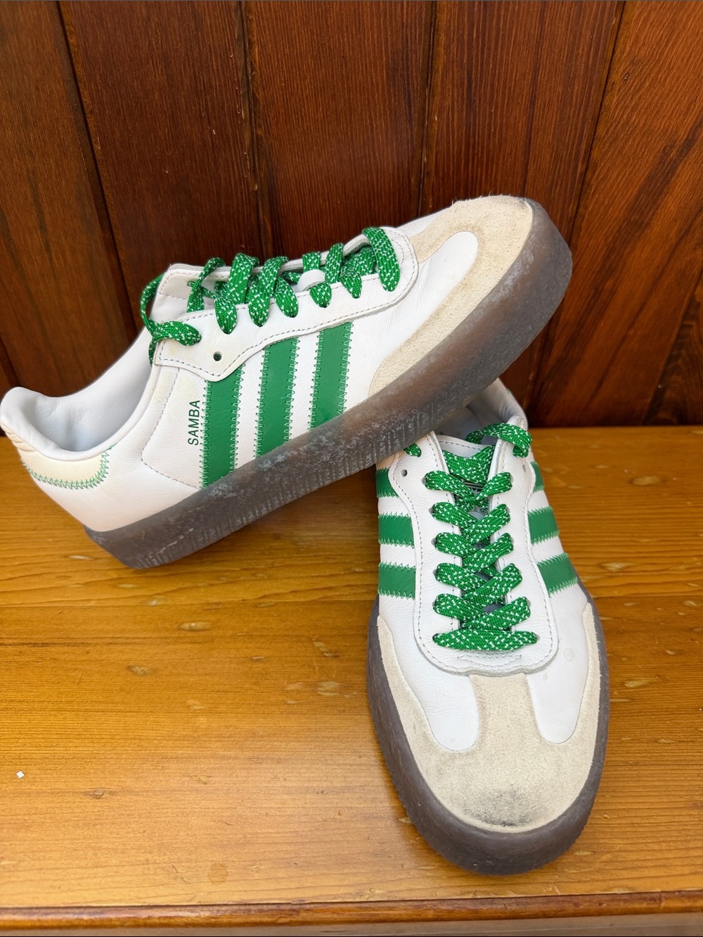 adidas Kids Samba Sneakers in White and Green with Textured Gum Sole